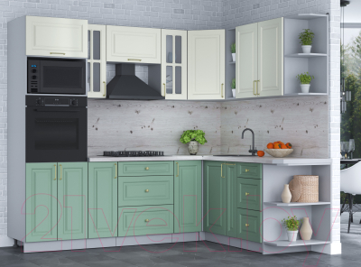 Кухонный гарнитур Интерлиния Мила Шато 1.88x2.4 ВТ правая (белый/мята/бискайская сосна)