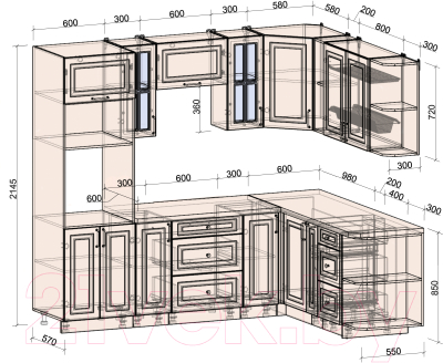 Кухонный гарнитур Интерлиния Мила Шато 1.88x2.4 ВТ правая (океан/океан/дуб бунратти)