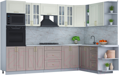 Кухонный гарнитур Интерлиния Мила Шато 1.88x3.0 ВТ правая (белый/луна/серый каспий) - фото