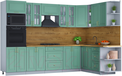 Кухонный гарнитур Интерлиния Мила Шато 1.88x3.0 ВТ правая (мята/мята/дуб бунратти) - фото