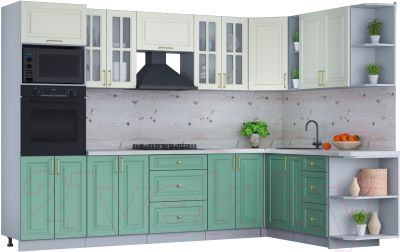 Кухонный гарнитур Интерлиния Мила Шато 1.88x3.0 ВТ правая (белый/мята/бискайская сосна) - фото