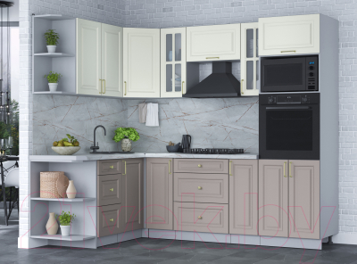 Кухонный гарнитур Интерлиния Мила Шато 1.68x2.4 ВТ левая (белый/луна/серый каспий)