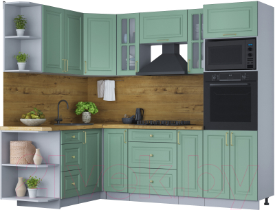 Кухонный гарнитур Интерлиния Мила Шато 1.68x2.4 ВТ левая (мята/мята/дуб бунратти) - фото