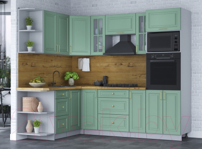Кухонный гарнитур Интерлиния Мила Шато 1.68x2.4 ВТ левая (мята/мята/дуб бунратти)