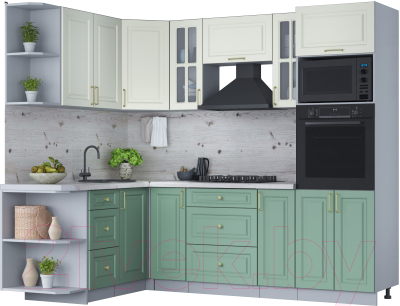Кухонный гарнитур Интерлиния Мила Шато 1.68x2.4 ВТ левая (белый/мята/бискайская сосна) - фото