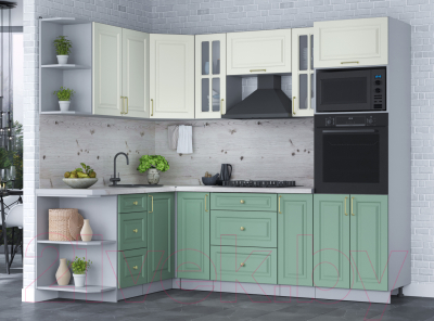 Кухонный гарнитур Интерлиния Мила Шато 1.68x2.4 ВТ левая (белый/мята/бискайская сосна)