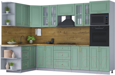 Кухонный гарнитур Интерлиния Мила Шато 1.68x3.0 ВТ левая (мята/мята/дуб бунратти) - фото