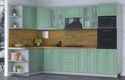 Кухонный гарнитур Интерлиния Мила Шато 1.68x3.0 ВТ левая (мята/мята/дуб бунратти)