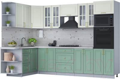 Кухонный гарнитур Интерлиния Мила Шато 1.68x3.0 ВТ левая (белый/мята/бискайская сосна) - фото