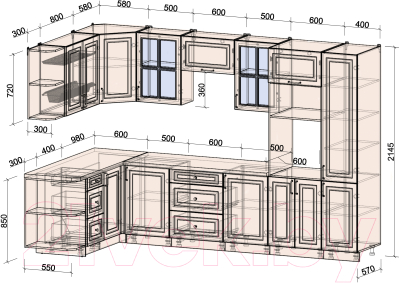 Готовая кухня Интерлиния Мила Шато 1.68x3.2 ВТ левая
