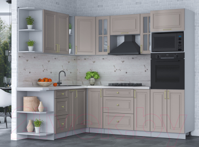 Кухонный гарнитур Интерлиния Мила Шато 1.88x2.4 ВТ левая (луна/луна/бискайская сосна)