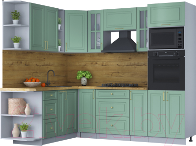 Кухонный гарнитур Интерлиния Мила Шато 1.88x2.4 ВТ левая (мята/мята/дуб бунратти) - фото