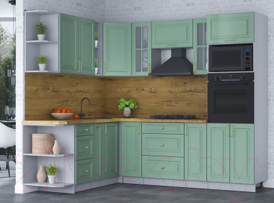 Кухонный гарнитур Интерлиния Мила Шато 1.88x2.4 ВТ левая (мята/мята/дуб бунратти)