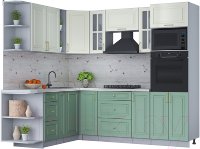 Кухонный гарнитур Интерлиния Мила Шато 1.88x2.4 ВТ левая (белый/мята/бискайская сосна) - фото