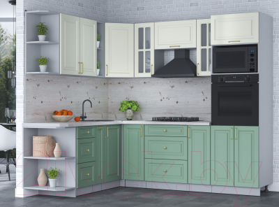 Кухонный гарнитур Интерлиния Мила Шато 1.88x2.4 ВТ левая (белый/мята/бискайская сосна)