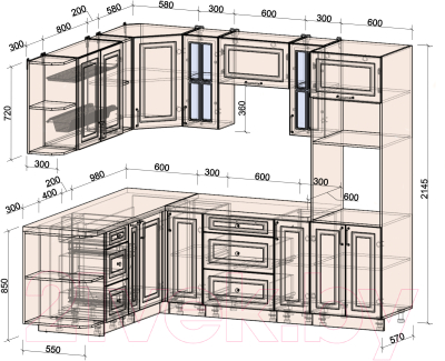 Кухонный гарнитур Интерлиния Мила Шато 1.88x2.4 ВТ левая (океан/океан/дуб бунратти)
