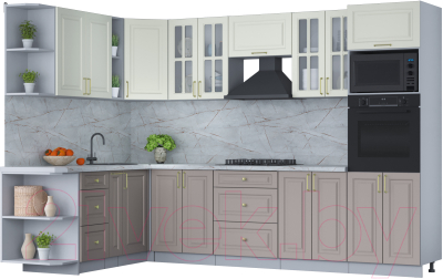 Кухонный гарнитур Интерлиния Мила Шато 1.88x3.0 ВТ левая (белый/луна/серый каспий) - фото