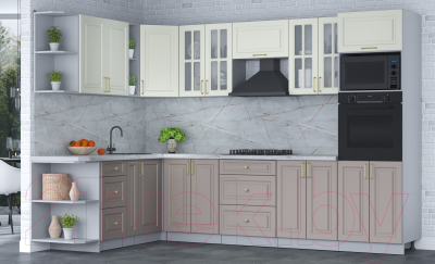 Кухонный гарнитур Интерлиния Мила Шато 1.88x3.0 ВТ левая (белый/луна/серый каспий)