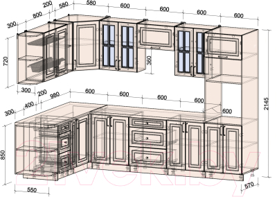 Кухонный гарнитур Интерлиния Мила Шато 1.88x3.0 ВТ левая (белый/луна/серый каспий)