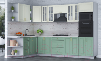 Кухонный гарнитур Интерлиния Мила Шато 1.88x3.0 ВТ левая (белый/мята/бискайская сосна)
