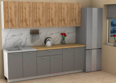 Кухонный гарнитур Eligard Lion 2.4 (дуб натуральный/дымчатый алмаз/дуб бунратти)