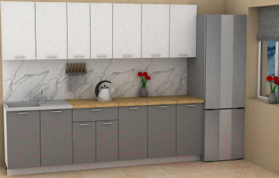 Кухонный гарнитур Eligard Lion 2.6 (белый структурный/дымчатый алмаз/дуб бунратти)