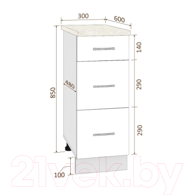 Шкаф-стол кухонный Кортекс-мебель Корнелия Лира НШ30р3ш (белый/дуб бунратти)