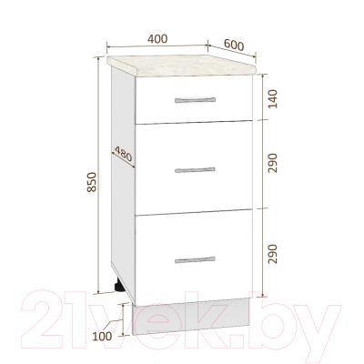 Шкаф-стол кухонный Кортекс-мебель Корнелия Лира НШ40р3ш (крем/дуб бунратти)