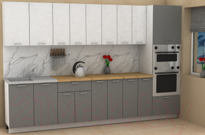 Кухонный гарнитур Eligard Lion 3.2 (белый структурный/дымчатый алмаз/дуб бунратти)