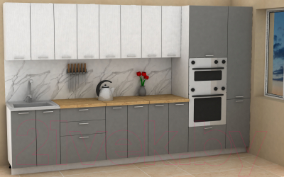 Кухонный гарнитур Eligard Lion 3.4 (белый структурный/дымчатый алмаз/дуб бунратти)