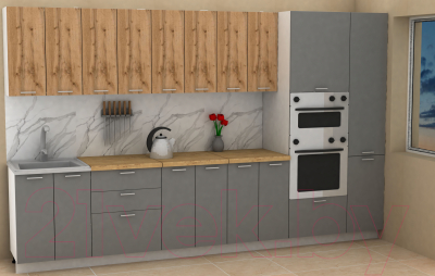 Кухонный гарнитур Eligard Lion 3.4 (дуб натуральный/дымчатый алмаз/дуб бунратти)