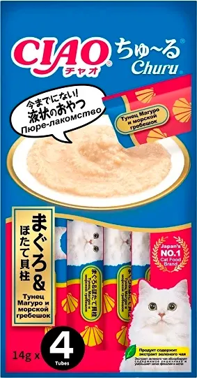 Лакомство для кошек Inaba Чао-Чуру Пюре со вкусом желтоперого тунца с гребешком - фото