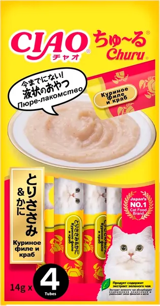 Лакомство для кошек Inaba Чао-Чуру Пюре со вкусом куриного филе с крабом - фото