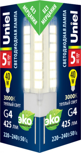 Лампа Uniel LED-JC-220/5W/3000K/G4/CL GLZ09TR 