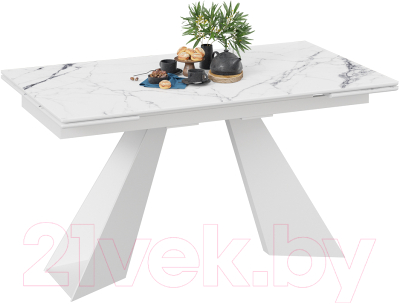 Обеденный стол ТриЯ Гермес (белый муар/стекло белый мрамор)