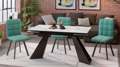 Обеденный стол ТриЯ Гермес (черный муар/стекло белый мрамор)