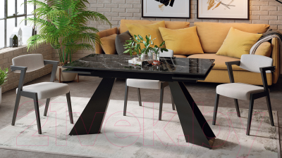 Обеденный стол ТриЯ Гермес (черный муар/стекло черный мрамор)