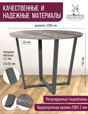 Обеденный стол Millwood Орлеан Л18 D100 (сосна пасадена/графит)