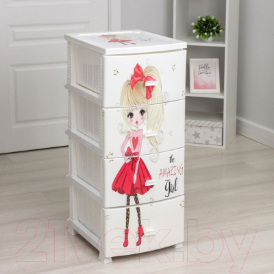 Комод пластиковый Росспласт Декор Красотка Моно 4 яруса (белый)