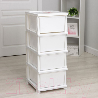 Комод пластиковый Росспласт Декор Красотка Моно 4 яруса (белый)
