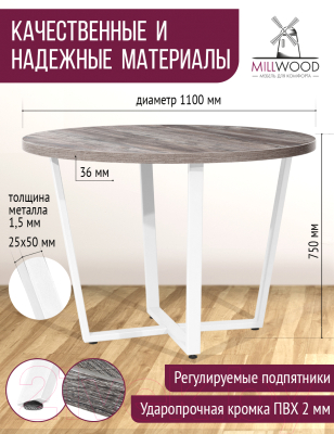 Обеденный стол Millwood Лофт Орлеан Л D110x75 (сосна пасадена/металл белый)