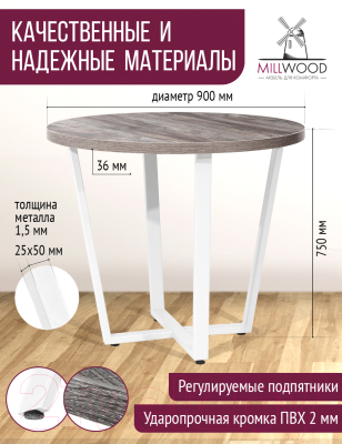 Обеденный стол Millwood Лофт Орлеан Л D90x75 (сосна пасадена/металл белый)