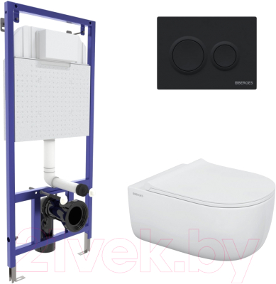 Унитаз подвесной с инсталляцией Berges Ego XL Rimless / 043303 (с сиденьем и кнопкой смыва) - фото