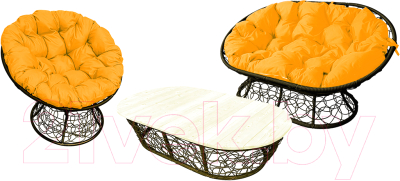 Комплект садовой мебели M-Group Мамасан, Папасан и стол / 12140211 (коричневый ротанг/желтая подушка) - фото