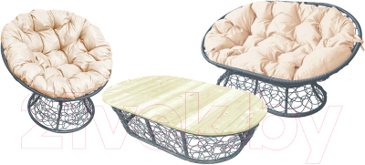 Комплект садовой мебели M-Group Мамасан, Папасан и стол / 12140301 (серый ротанг/бежевая подушка) - фото