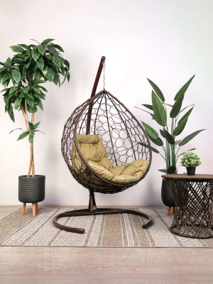 Кресло подвесное M-Group Капля / 11020201 (коричневый ротанг/бежевая подушка)