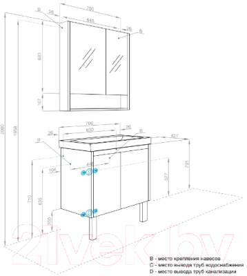 Тумба под умывальник Акватон Сканди Doors 70 / 1A278901SDZ90 (белый/дуб рустикальный)