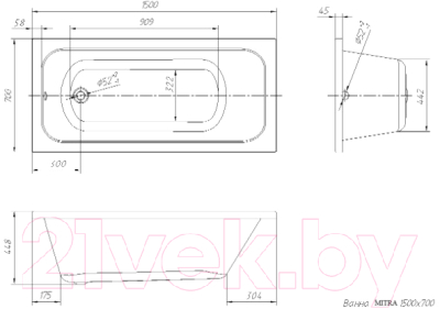 Ванна акриловая Ventospa Mitra 150x70 (с ножками и экраном)