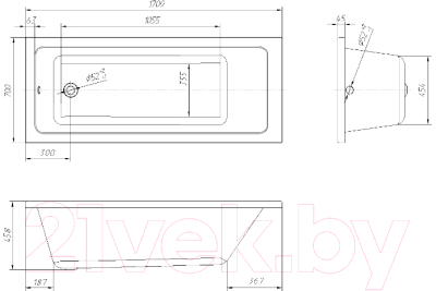 Ванна акриловая Ventospa Novaro 170x70 (с ножками и экраном)