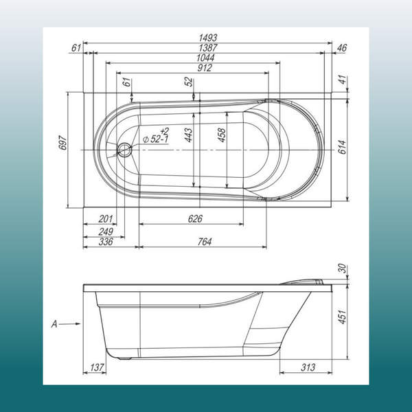 Ванна акриловая Ventospa Aqua 150x70 (с ножками и экраном)